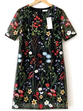 Per Una Black Floral Embroidered Mesh Dress NWT US 6